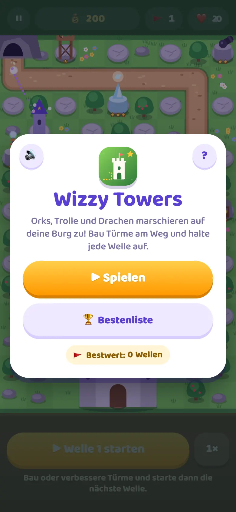 Wizzy Towers: Startbildschirm