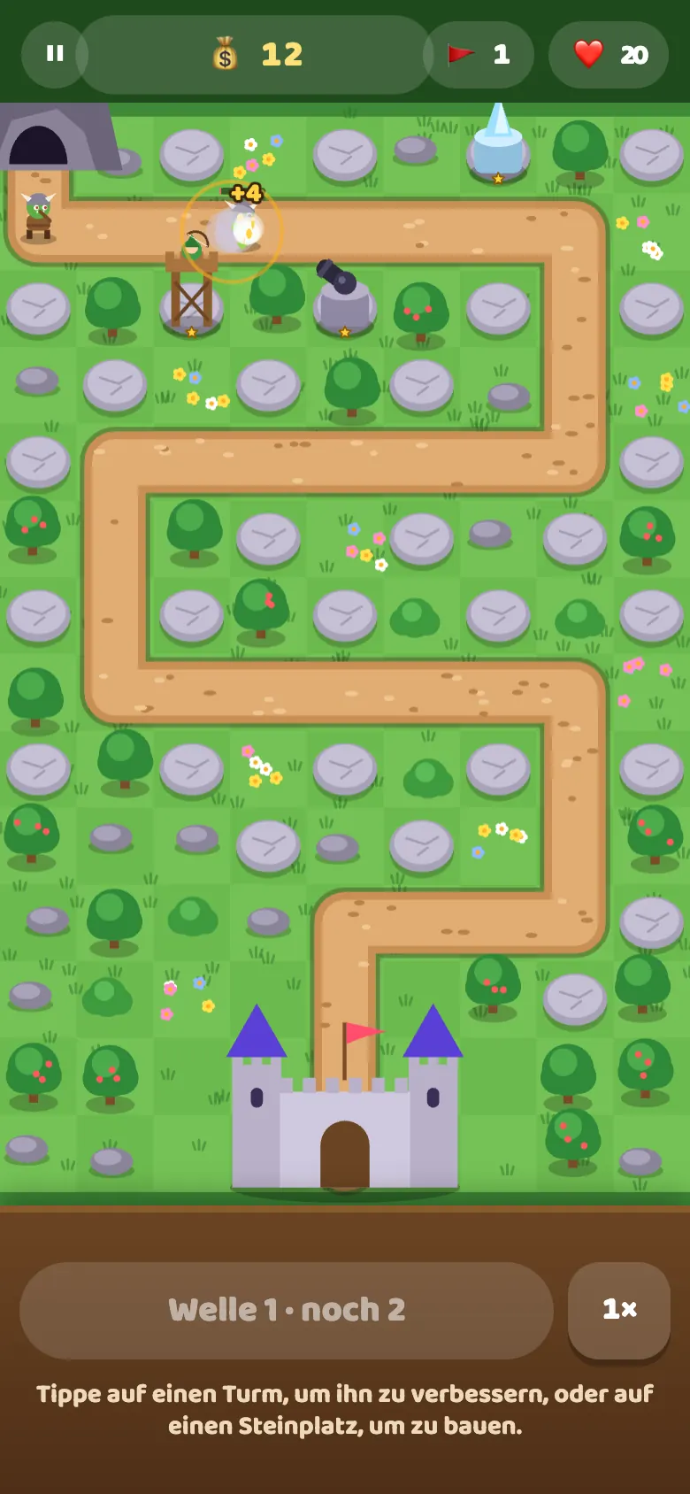 Wizzy Towers beim Spielen: Bau Türme am Weg und halte Welle um Welle von Orks und Trollen auf.