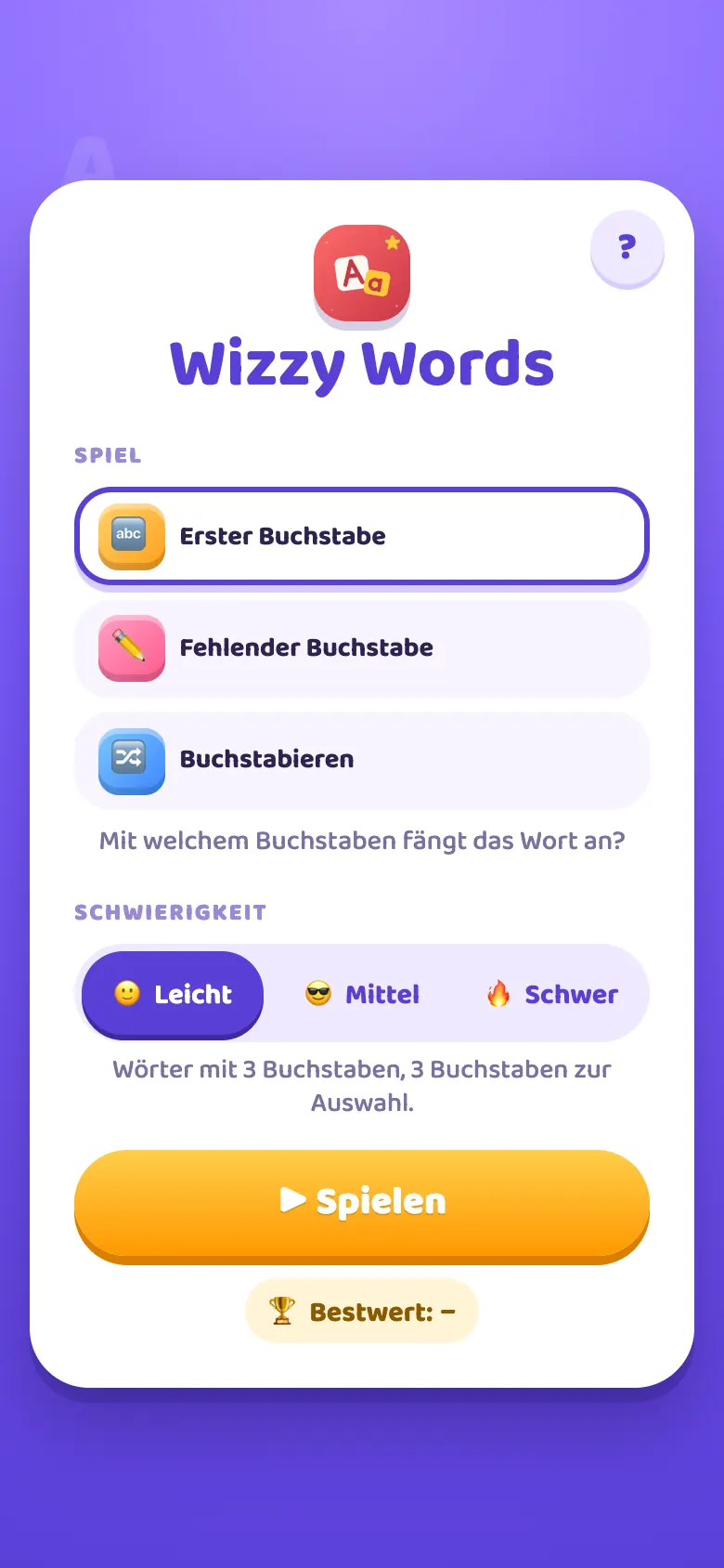 Wizzy Words: Startbildschirm
