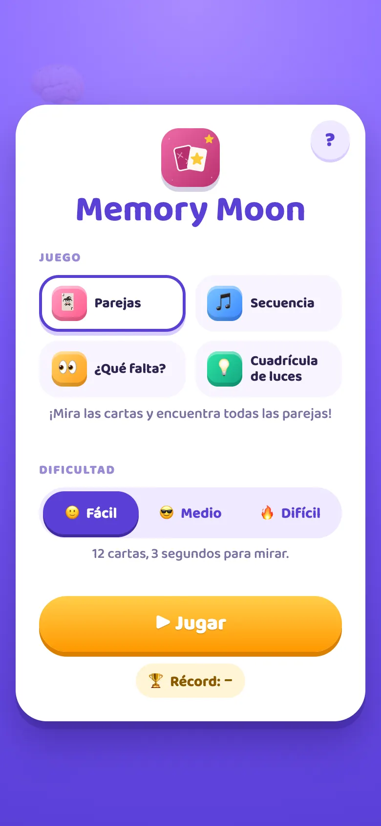 Memory Moon: pantalla de inicio