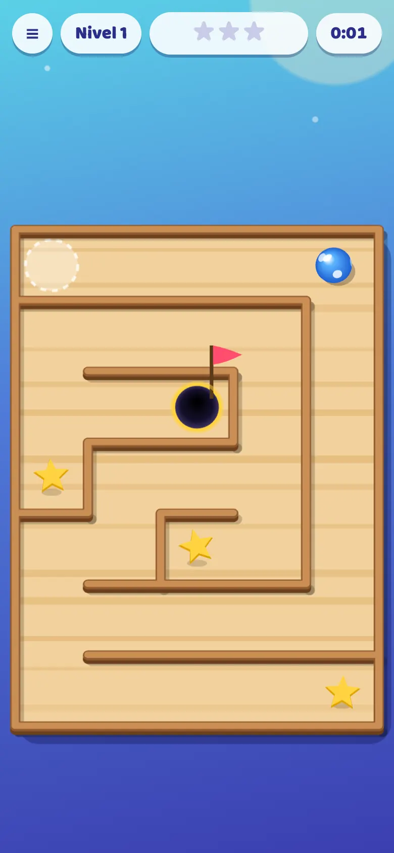 Moon Marble en juego: Inclina el móvil para llevar la canica por el laberinto hasta la bandera.