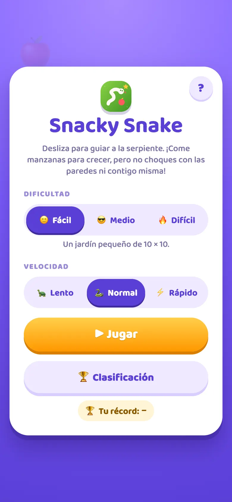 Snacky Snake: pantalla de inicio