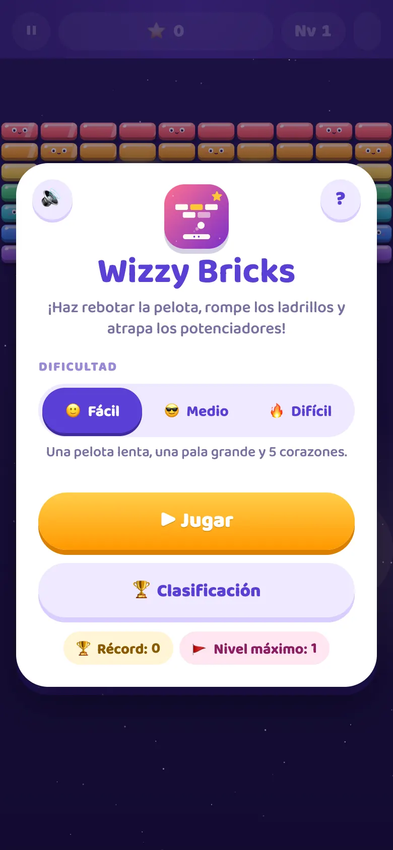 Wizzy Bricks: pantalla de inicio