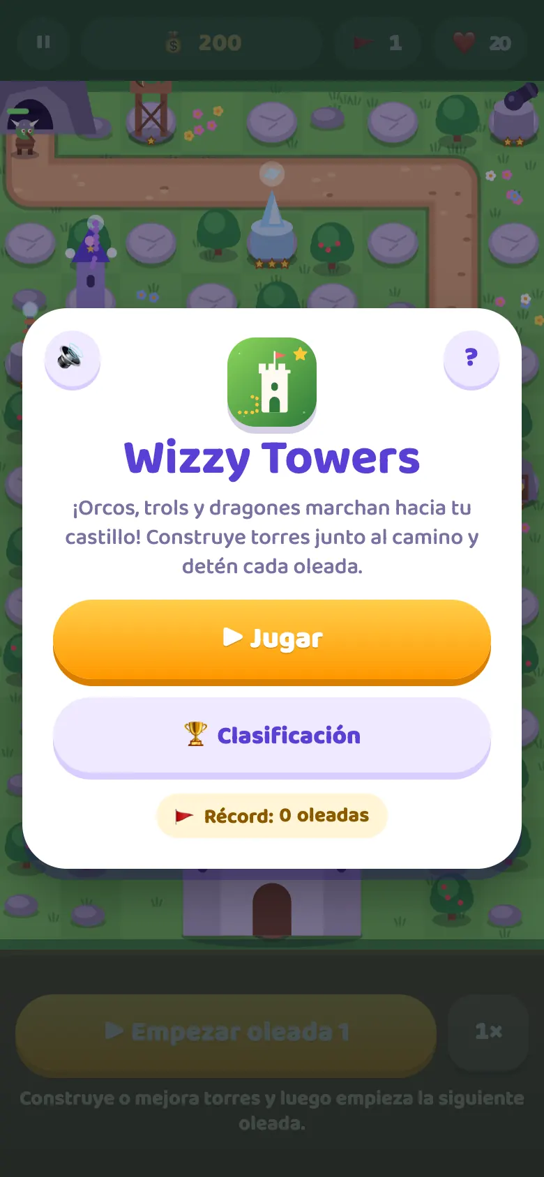 Wizzy Towers: pantalla de inicio