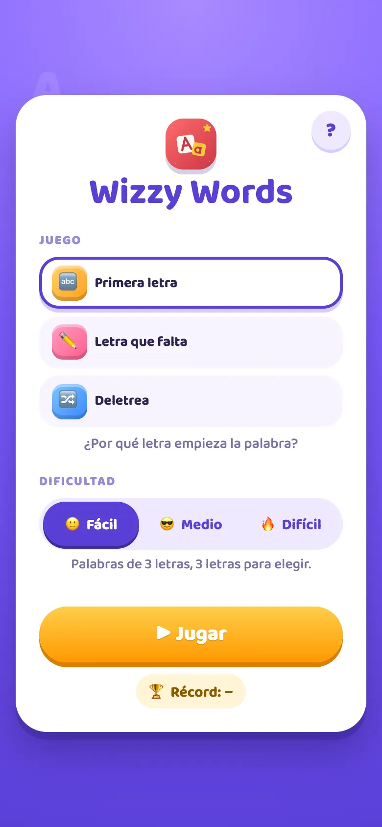 Wizzy Words: pantalla de inicio