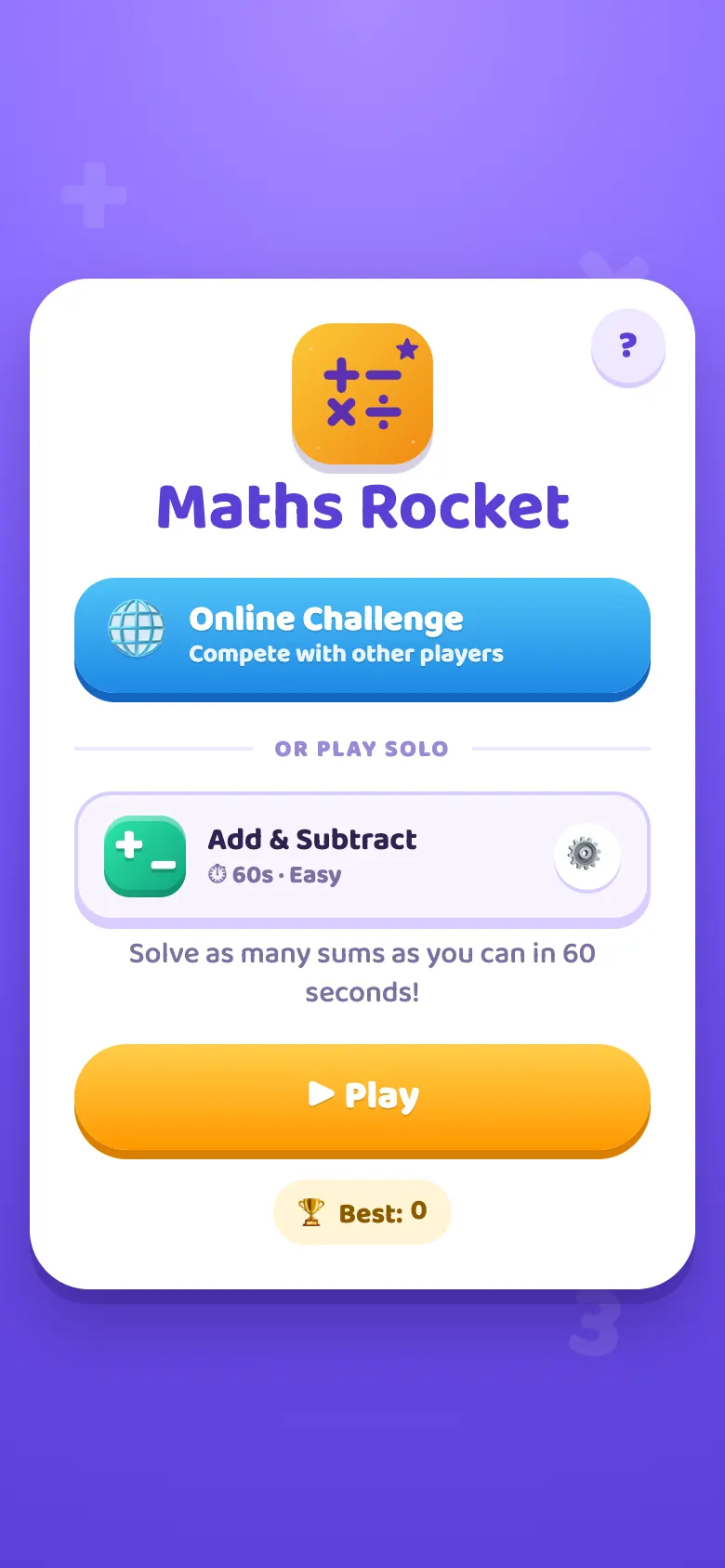 Maths Rocket start screen