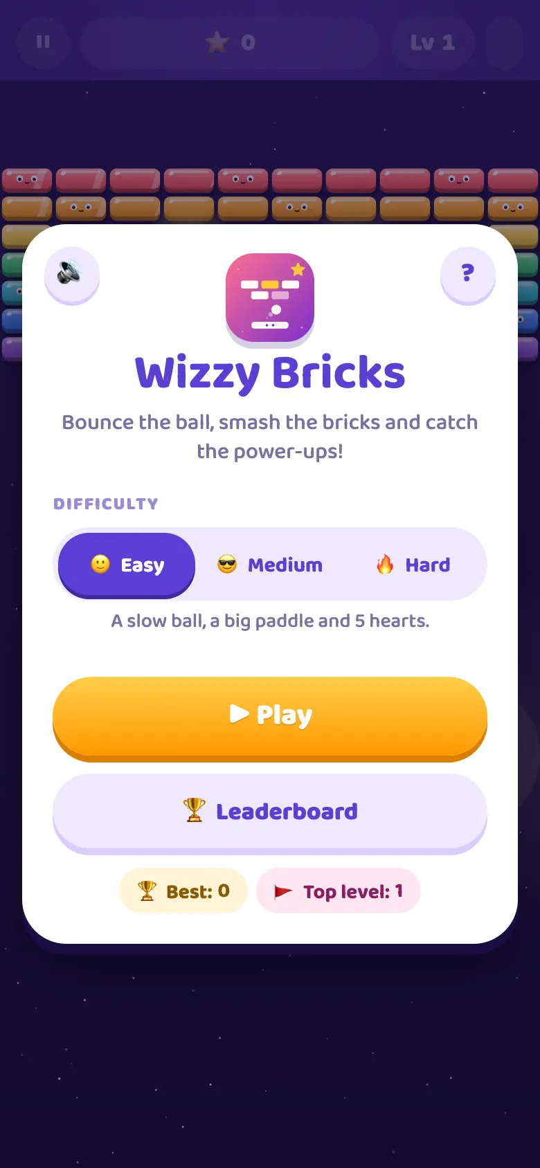 Wizzy Bricks start screen